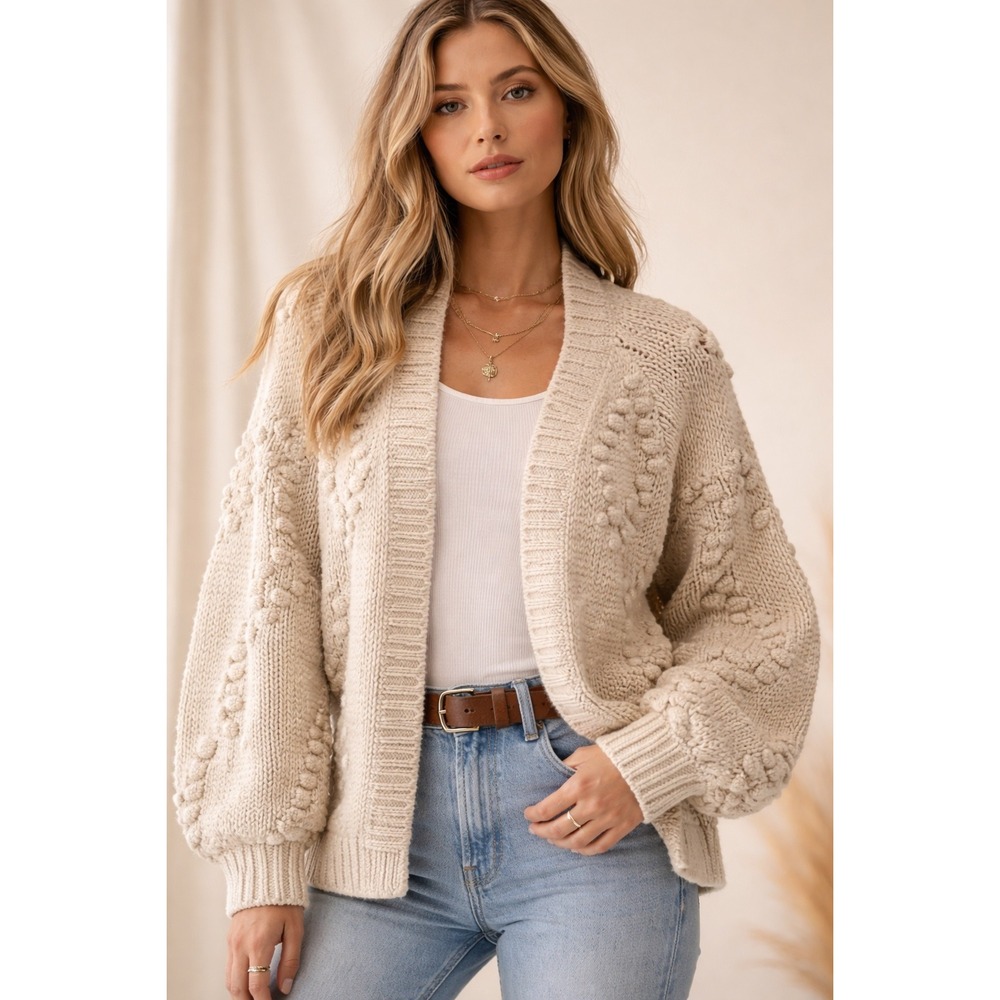 Lucky Brand Chunky Knit Bobble Cardigan Open Front Boho Wool Blend‎